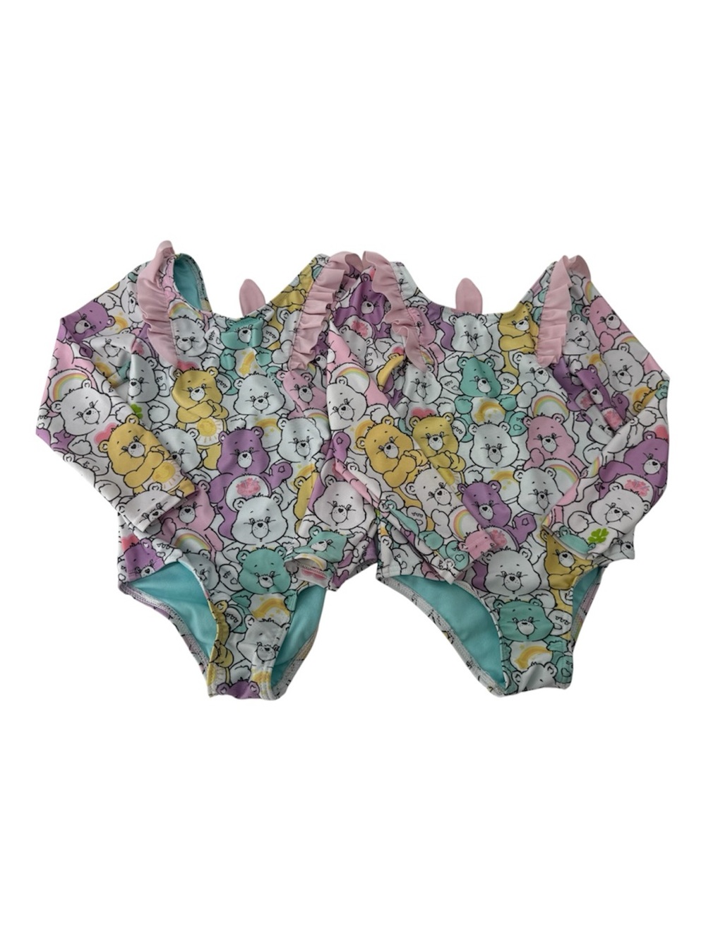Twin Toddler Girls Pastel Care Bear Print One-Piece Swimsuit with Ruffle